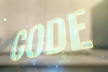 Wall Mural - code word hologram on modern business center exterior background, artificial intelligence and neural