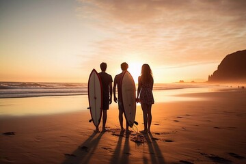 Wall Mural - Young group of friends walking along the sandy beach near the ocean at sunset with surfboards, outdoor activities and sports holidays