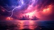shows a purple lightning striking cloud above