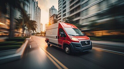 Poster - Delivery van driving through the city on a blurred background