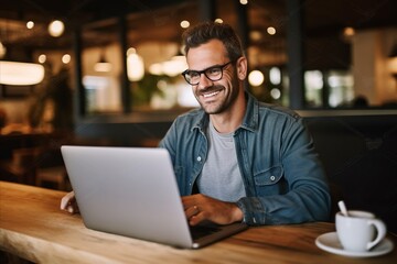 Wall Mural - Portrait of smiling man in eyeglasses using laptop in cafe