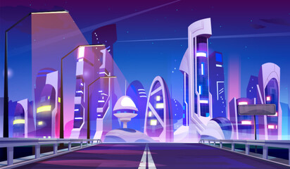 Wall Mural - Road leads to futuristic night city with unusual fantastic multistorey buildings with neon lights. Cartoon vector landscape of future cyber high technology downtown with empty highway and streetlights