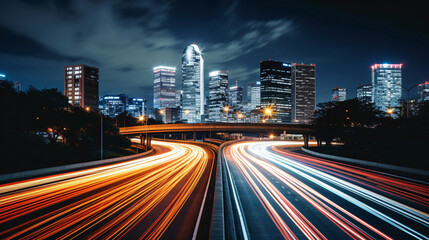 a long exposure photo of a highway at night.