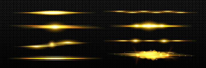 Wall Mural - Yellow light lines set isolated on transparent background. Vector realistic illustration of horizontal golden strip, sparkling with neon particle, bright sunset or sunrise glare, magic power effect