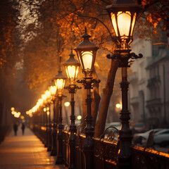 Canvas Print - Vintage street lamps casting a warm glow on a foggy night