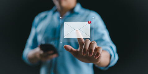 Fototapete - New email notification concept for business e-mail communication and digital marketing.business people touch on email in virtual screen. internet technology.Inbox receiving electronic message alert.