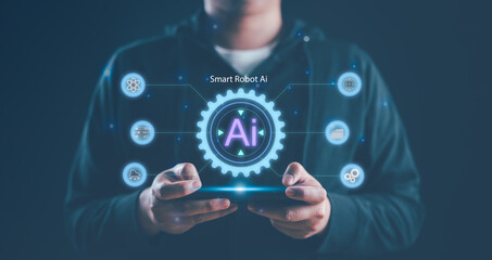 Fototapete - Chat with AI, Artificial Intelligence. Man using technology smart robot AI, artificial intelligence by enter command prompt for generates something, Futuristic technology transformation.