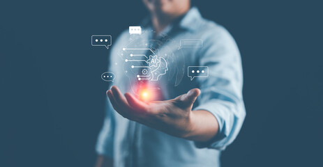Fototapete - AI, artificial intelligence technology concept. Human or businessman use AI tech for connection to global business. Robot chat for business, data management by AI technology smart robot..
