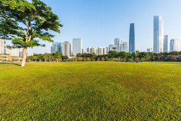 Canvas Print - green lawn with city skyline in guangzhou china