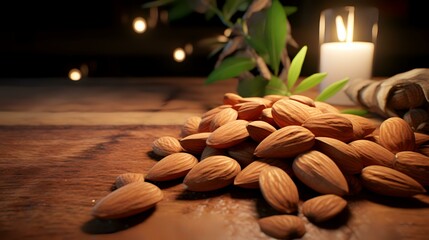 Almond nuts on a wooden table with a candle in the background