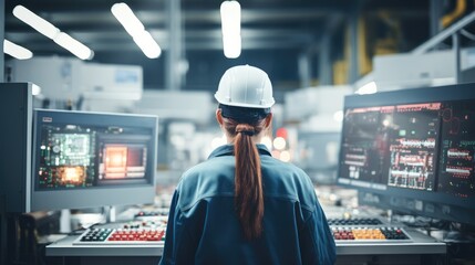 Fototapete - Female worker calibrating a machine using control room console. Generative AI.