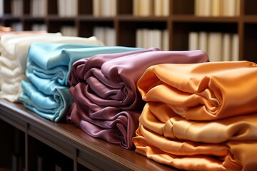 Poster - Satin store, various colors and patterns of satin linen neatly full of wooden counters. Generative AI.