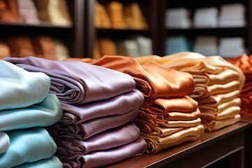 Poster - Satin store, various colors and patterns of satin linen neatly full of wooden counters. Generative AI.