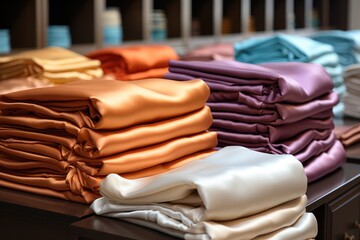 Poster - Satin store, various colors and patterns of satin linen neatly full of wooden counters. Generative AI.