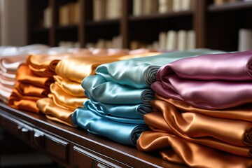 Poster - Satin store, various colors and patterns of satin linen neatly full of wooden counters. Generative AI.