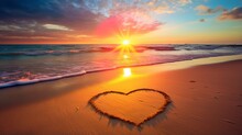 Rainbow At Sunset Sea And Heart Symbol On Sand Romantic Nature Landscape