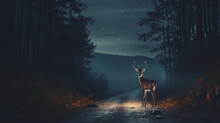 Deer In Headlights On A Desolate Road