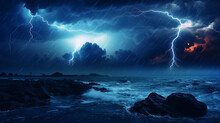 Intense Lightning Storm Over An Ocean