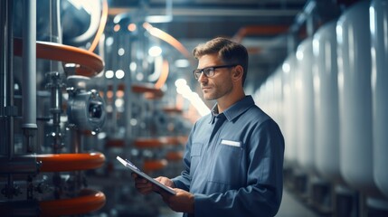 Poster - Engineer with clipboard overseeing production line machinery. Generative AI.
