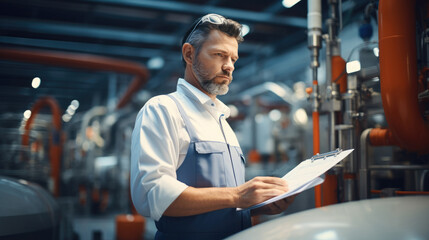 Poster - Engineer with clipboard overseeing production line machinery. Generative AI.