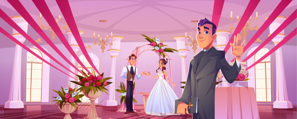 Groom and bride under wedding arch draped and decorated with flowers and pastor waving hand in festive ballroom or banquet hall. Cartoon happy couple in romantic marriage setup with rose bouquet.