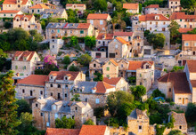 Croatia. Ols Town, Street And Trees As A Background. Houses On The Mountain Hill. Landscape In Croatia. Travel - Image