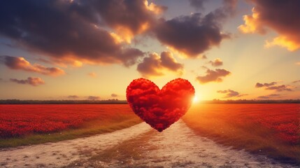 Wall Mural - Red heart shaped sky at sunset. Beautiful landscape with road and clouds.Love background .
