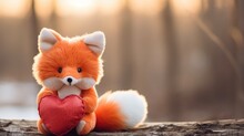 Cute Fox Toy With Red Heart, Valentine's Day.