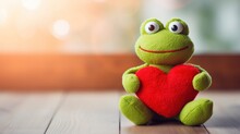 Cute Frog Toy With Red Heart, Valentine's Day.