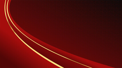 Wall Mural - Abstract 3d gold curved red ribbon on red background. Abstract background design with red geometric golden elements.