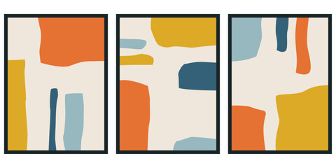 Aufkleber - Set of 3 Interior Art Pictures. Mid-Century Retro Print Set. Orange Yellow Light And Blue Color Original Abstract Wall Art.