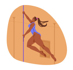 Poster - Pole dancer dancing, gripping bar with hands. Sexy strong woman, happy girl performing poledance move, pose, carousel spin movement. Flat graphic vector illustration isolated on white background