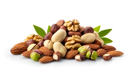 Mix of nuts with leaves isolated on white background. Healthy food concept.