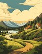 illustration vector of Landscape with beautiful road and wooden huts and trees