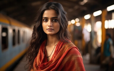 Wall Mural - young indian woman standing at railway station