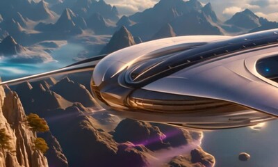 a retro sci-fi spaceship landing on the ground