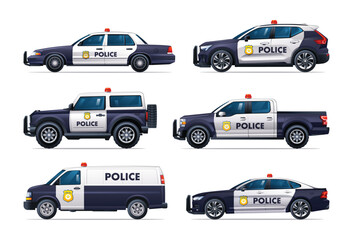 Wall Mural - Set of police cars in different types. Patrol official vehicle collection. Side view car vector illustration