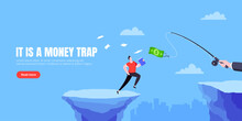 Fishing Money Chase Business Concept With Businessman Running After Dangling Dollar Jumps Over The Cliff.