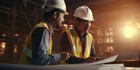 Wall Mural - Two men in hard hats are examining a piece of paper. This image can be used to depict professionals discussing plans or reviewing important documents