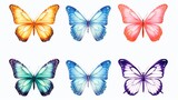 Fototapeta Dziecięca - A collection of four different colored butterflies captured against a clean white background. Perfect for nature-themed projects and designs