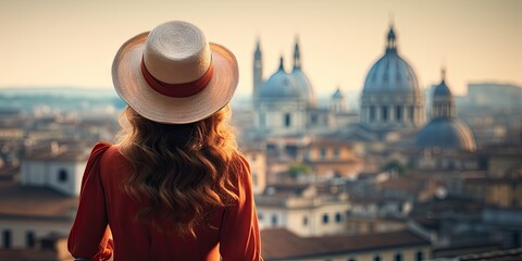 Wall Mural - Capturing essence of italy. Mesmerizing shot young woman immerses herself in beauty of Italian city. Dressed in fashionable hat stands against backdrop of iconic European architecture