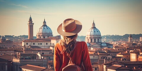 Wall Mural - Capturing essence of italy. Mesmerizing shot young woman immerses herself in beauty of Italian city. Dressed in fashionable hat stands against backdrop of iconic European architecture