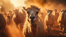 A Group Of Sheep Running Down A Dirt Road. This Image Can Be Used To Depict Rural Scenery Or The Concept Of Movement And Freedom
