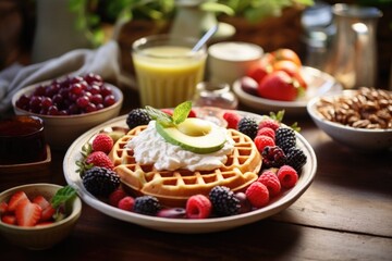 Wall Mural - A plate of waffles topped with whipped cream and fresh fruit. Perfect for a delicious breakfast or brunch