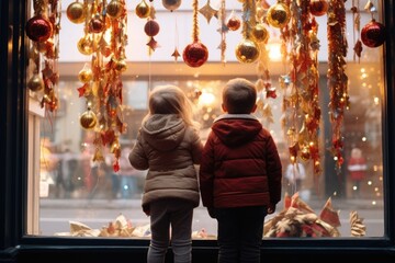 Wall Mural - Two children standing in front of a window, looking outside. Perfect for illustrating curiosity, innocence, and childhood memories