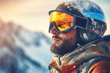 Canvas Print - A man wearing a helmet and goggles in the snow. Perfect for winter sports enthusiasts and outdoor adventurers