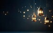 Happy Ramadan poster, copy space at the left. Muslim holiday banner with hanging shining islamic lanterns on sophisticated dark background. Minimalistic modern background. AI Generative.