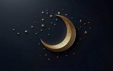 Happy Ramadan poster, copy space. Golden sophisticated moon on matte service. Modern minimalistic Islamic holiday banner with shining crescent moon on dark night background. AI Generative.