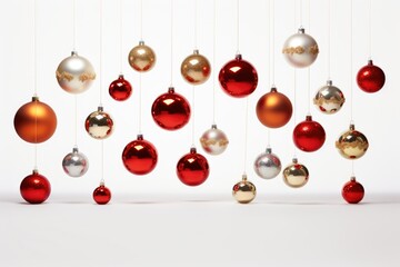 Poster - A group of red and gold ornaments hanging from strings. Perfect for festive decorations and holiday-themed projects