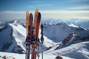 Wall Mural - Skis resting on top of a picturesque snow covered mountain. Perfect for winter sports and outdoor adventure themes